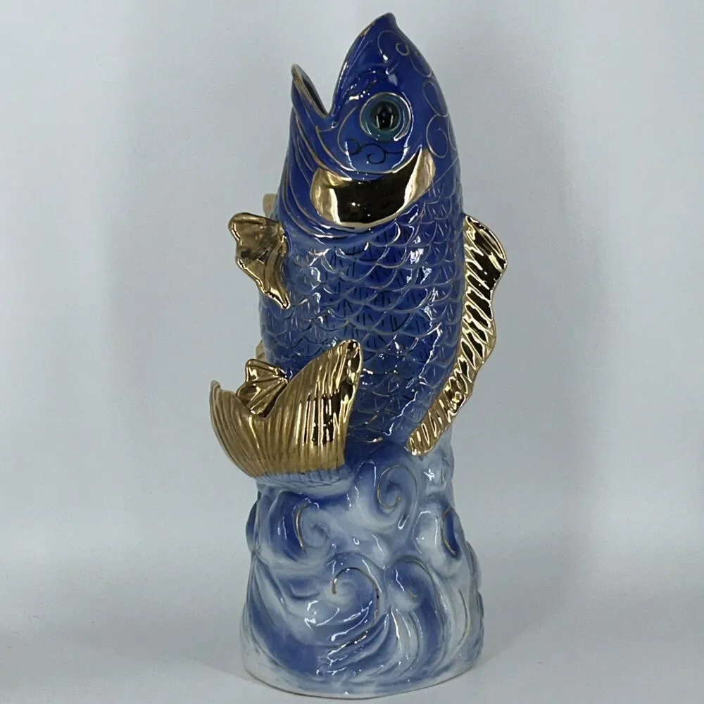 Vintage Large 17.5” Chinese Blue And Gold Porcelain Gurgling Koi Fish Vase